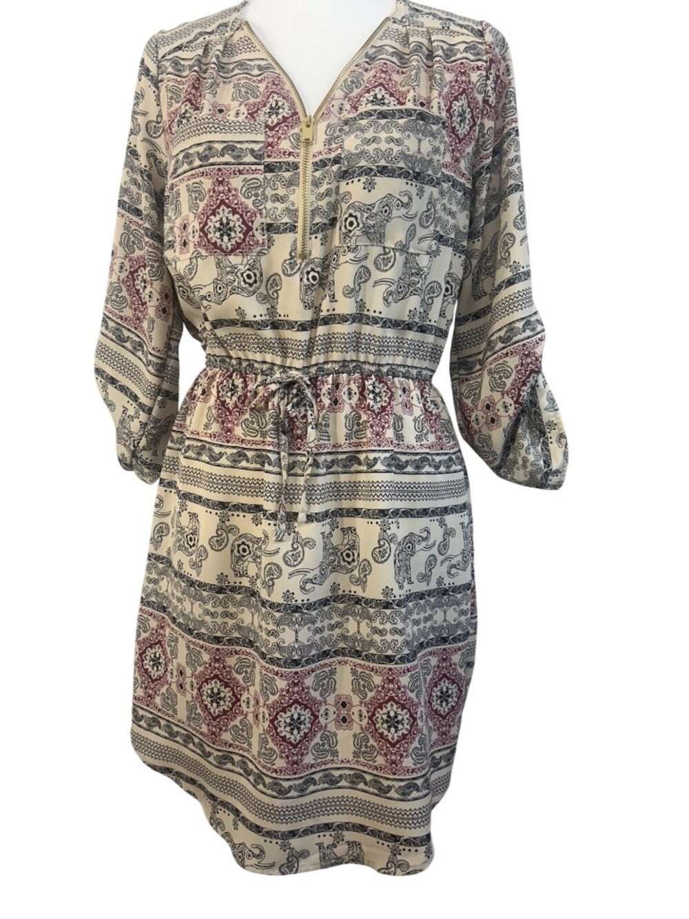 Boho Justify Zippered Knee Length Dress Paisley Floral Ruched Drawstring Waist M